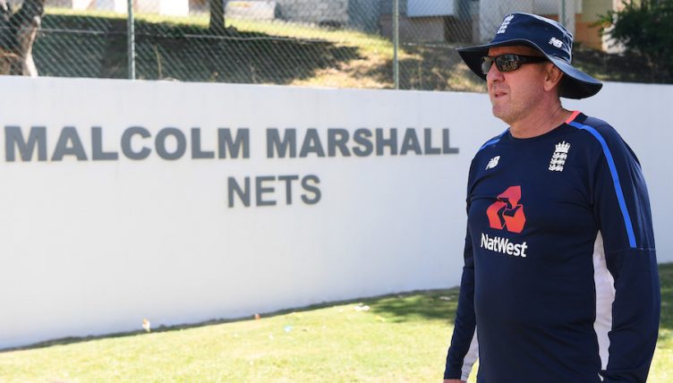 BRIDGETOWN, BARBADOS - JANUARY 13: England head coach Trevor Bayliss looks on during net practice at the Three Ws Oval on January 13, 2019 in Bridgetown, Barbados. (Photo by Shaun Botterill/Getty Images)