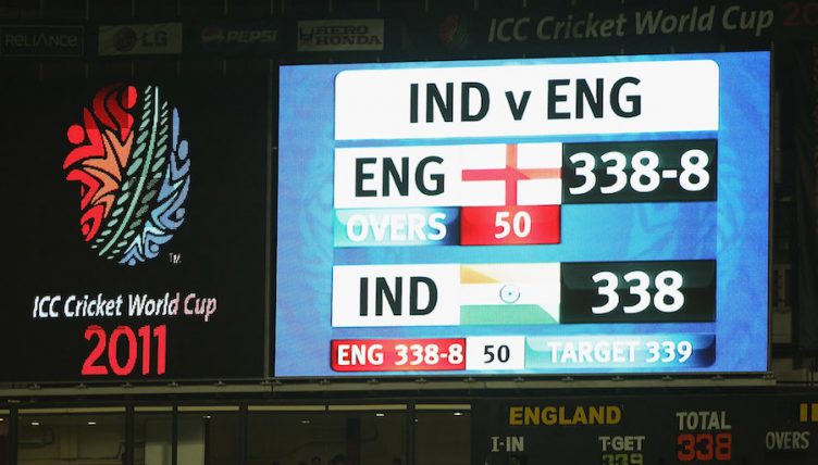 during the 2011 ICC World Cup Group B match between India and England at M. Chinnaswamy Stadium on February 27, 2011 in Bangalore, India.