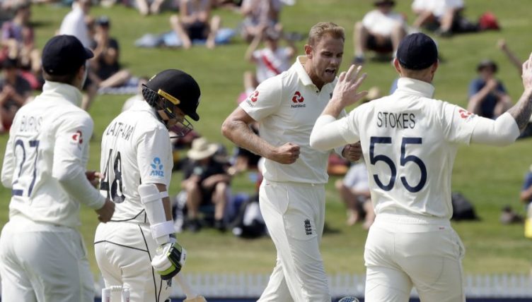 Stuart Broad celebrates Tom Latham out New Zealand England PA
