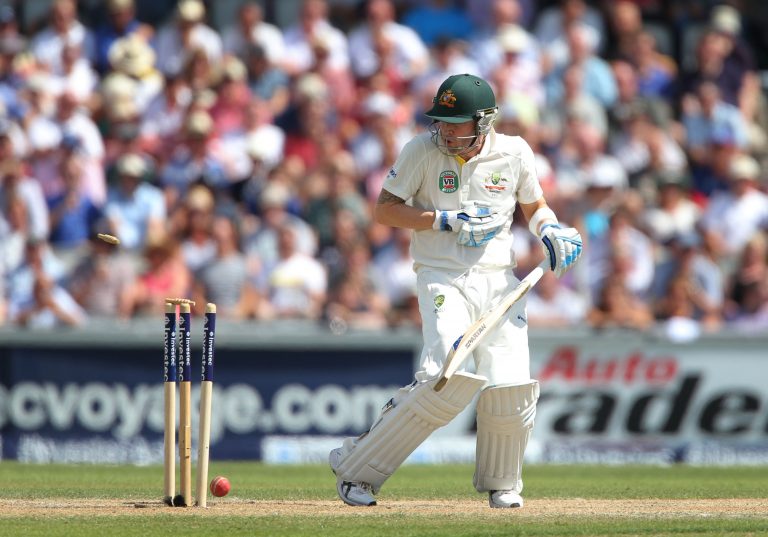 Australia captain Michael Clarke is bowled to give Stuart Broad his 200th wicket in Test cricket during the 2013 Ashes series