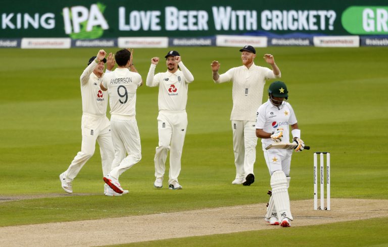 Anderson celebrates taking the wicket of Pakistan's Babar Azam