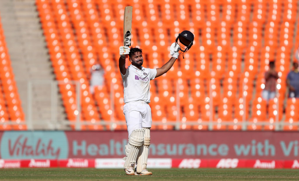 Rishabh Pant of India celebrates reaching his century during Day Two of the 4th Test Match between India and England at the Narendra Modi Stadium
