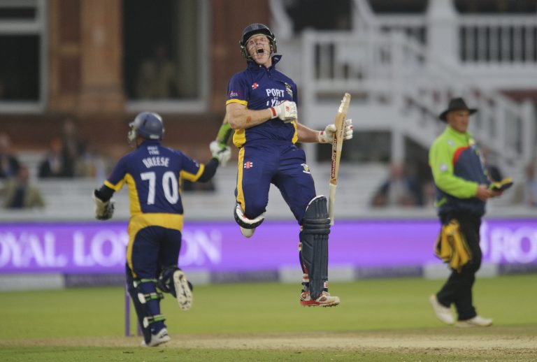 Ben Stokes celebrates after Gareth Breese hit the winning runs during the 2014 Royal London One Day Cup final