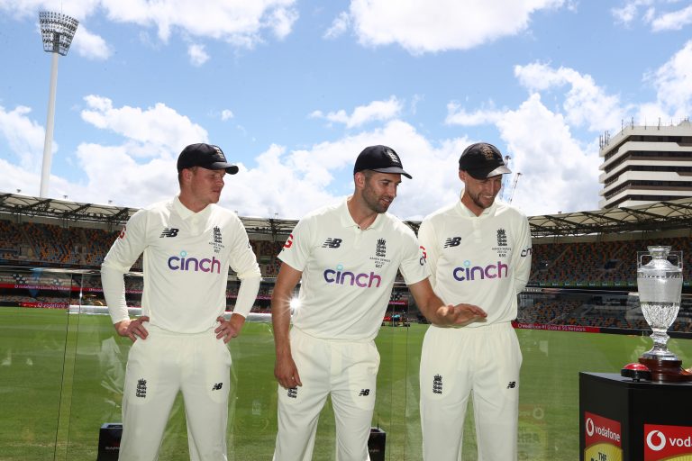 Ollie Pope (left) and Mark Wood (centre) joined Root at a series launch at The Gabba.