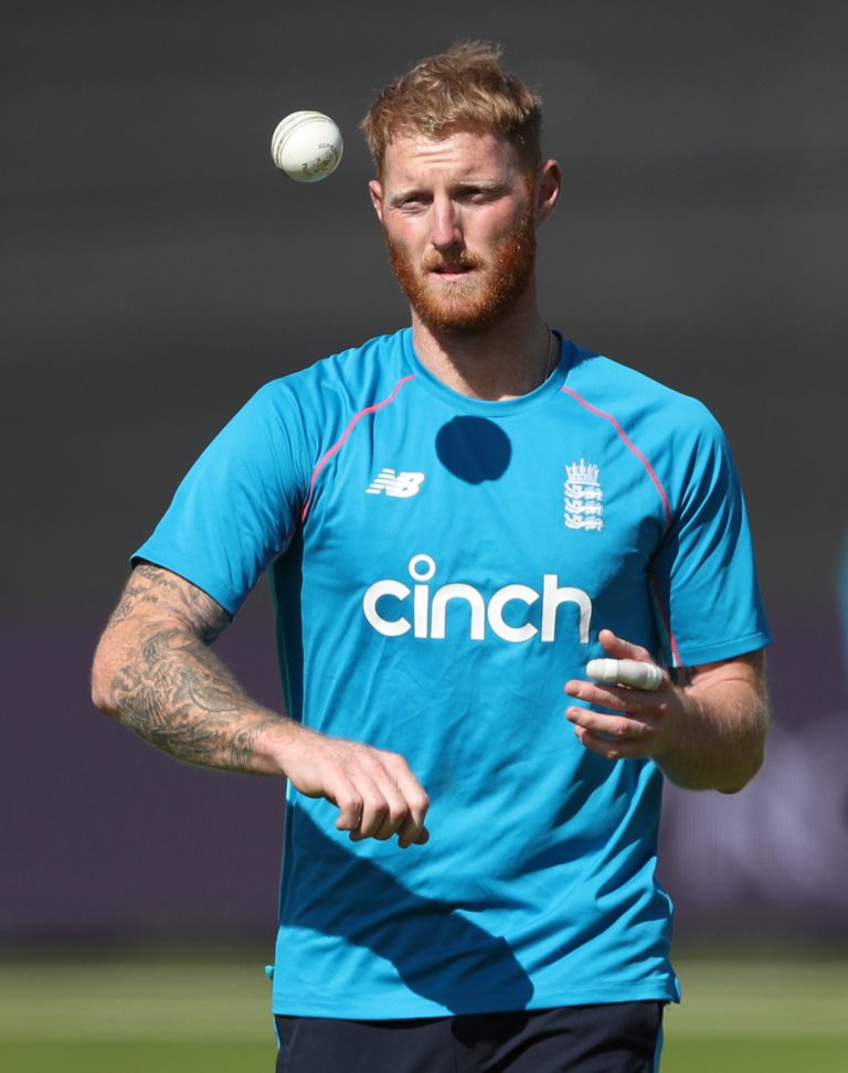 England's Ben Stokes tosses the ball