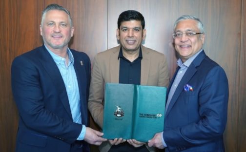Darren Gough, interim managing director of Yorkshire Cricket, Sameen Rana, COO Lahore Qalandars, and Lord Patel, chair of Yorkshire CCC Lahore Qalandars