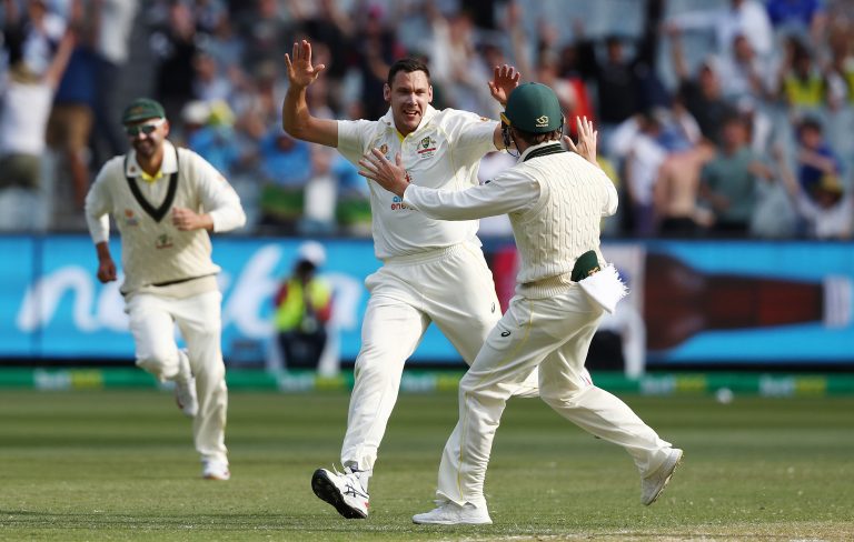 Australia's Scott Boland celebrates the wicket of England's Jack Leach during the third Test