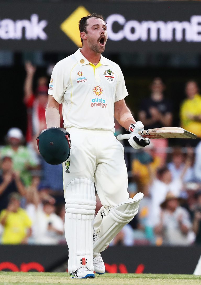 Australia's Travis Head celebrates his century during day two of the first Ashes test at The Gabba, Brisbane.