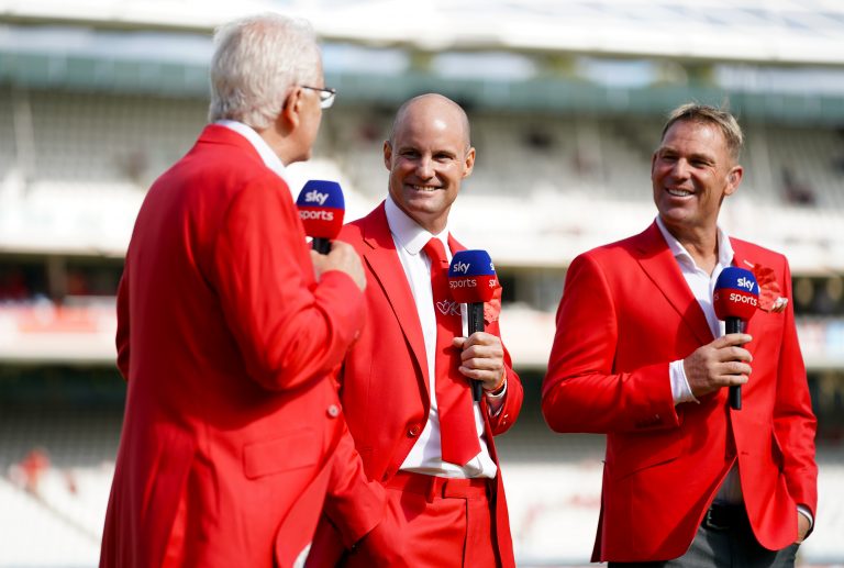 Shane Warne, David Gower and Strauss wearing red for the Ruth Strauss Foundation during day two of the Ashes Test match at Lord's in August 2019