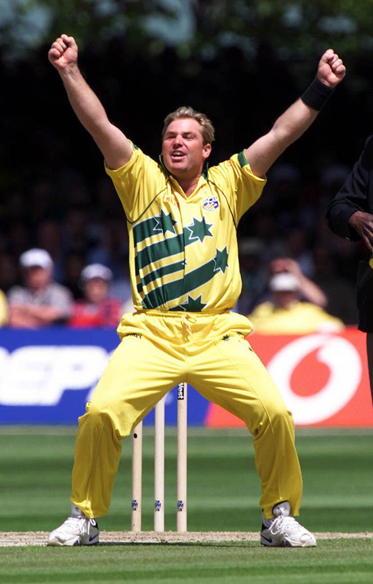Australia's Shane Warne celebrates in the 1999 Cricket World Cup at Lords