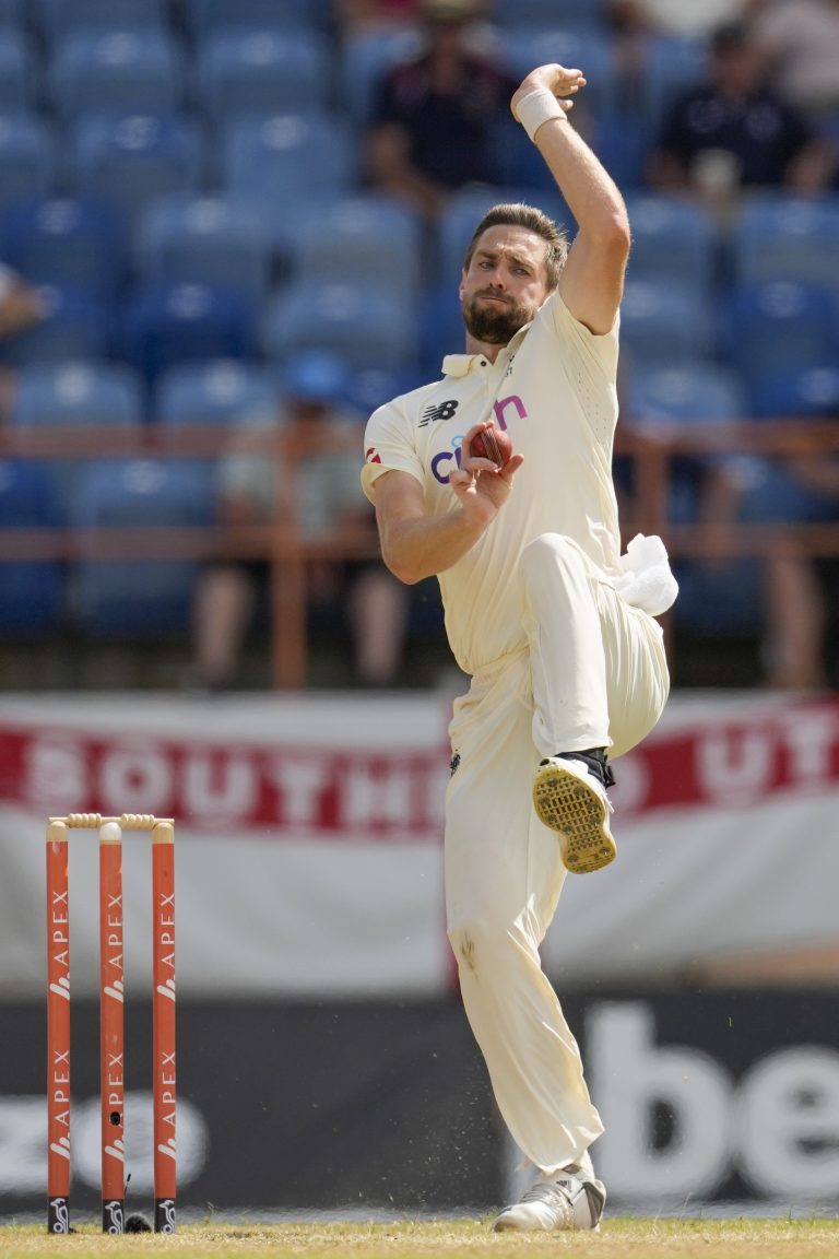 Chris Woakes bowls against the West Indies