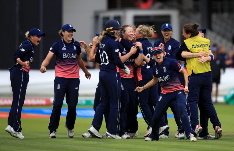 England players celebrate with match-winner Anya Shrubsole in the 2017 final