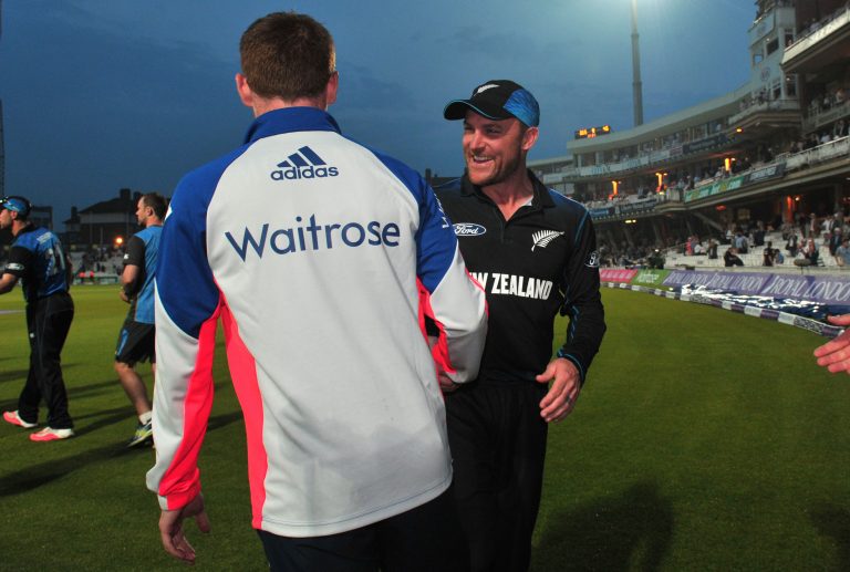 England's Eoin Morgan (right) shakes hands with McCullum