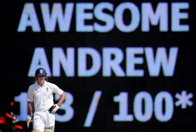 The scoreboard in Chennai salutes Sir Andrew Strauss, foreground, after his second century of the match in 2008
