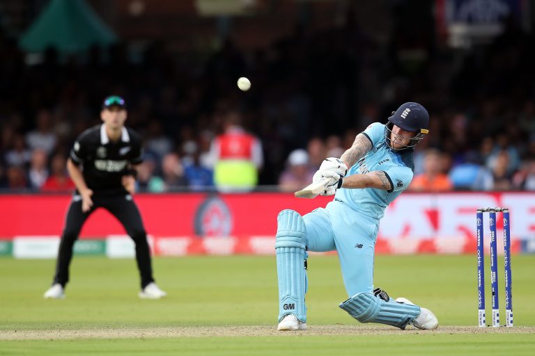 Ben Stokes hits out against New Zealand during the 2019 World Cup final at Lord's