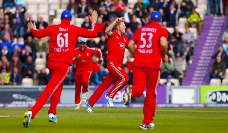 Ben Stokes, centre, celebrates the wicket of Australia's Matthew Wade during his only ODI five-for