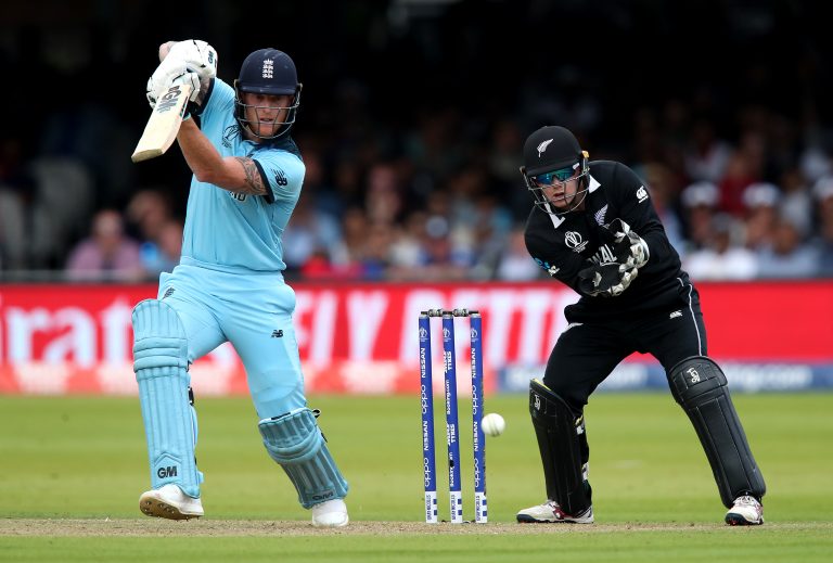 Ben Stokes, left, bats in the 2019 World Cup final against New Zealand at Lord's