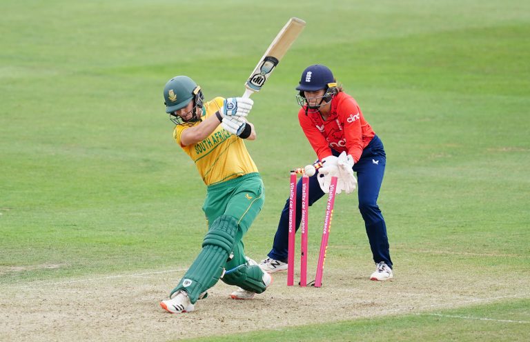 South Africa's Laura Wolvaardt, left, is bowled by Katherine Brunt, not pictured