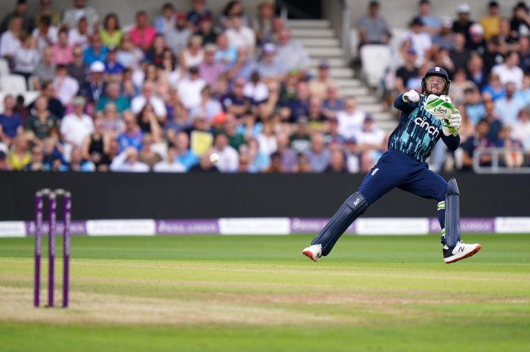 England's Jos Buttler tries for a run out during the third one-day international at Headingley