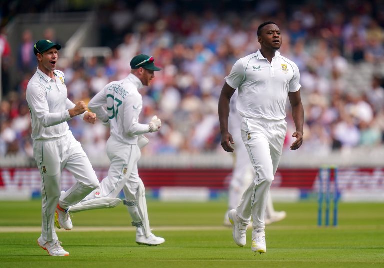 South Africa's Kagiso Rabada celebrates the wicket of England's Alex Lees