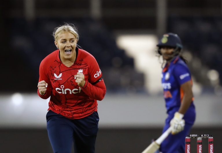 England's Sarah Glenn celebrates the wicket of India's Shafali Verma