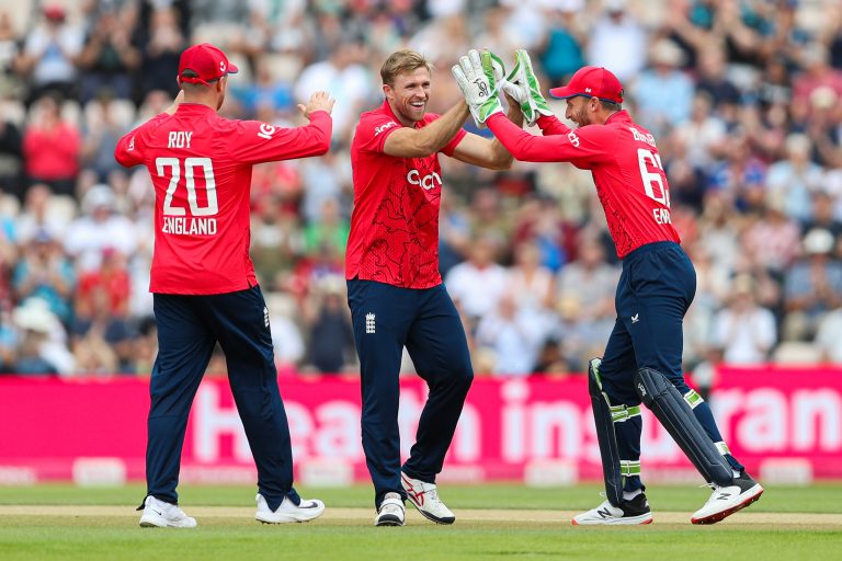 David Willey, centre, has an outside chance of playing in England's opening T20 World Cup match (Kieran Cleeves/PA)
