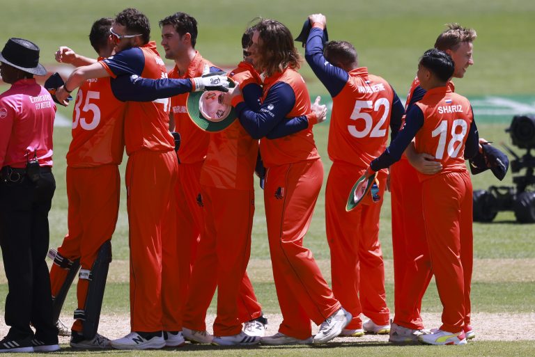 The Netherlands celebrate a famous win (James Elsby/AP)