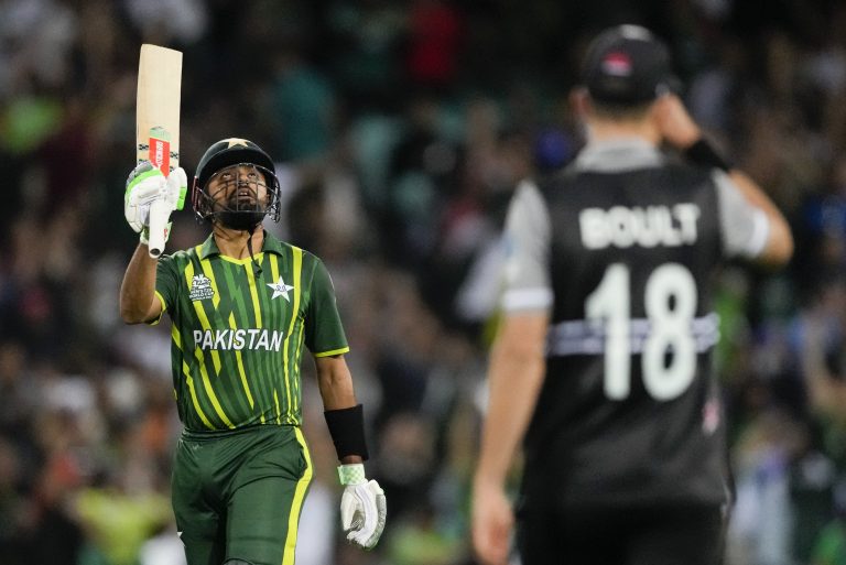 Babar Azam celebrates reaching his half-century 