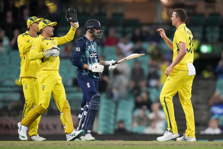 James Vince, centre, was fell lbw to Australia captain Josh Hazlewood (Mark Baker/AP)
