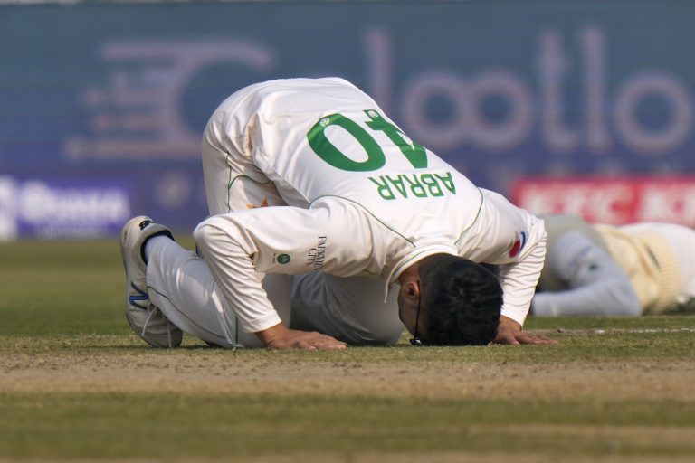 Abrar Ahmed reacts after his fifth wicket