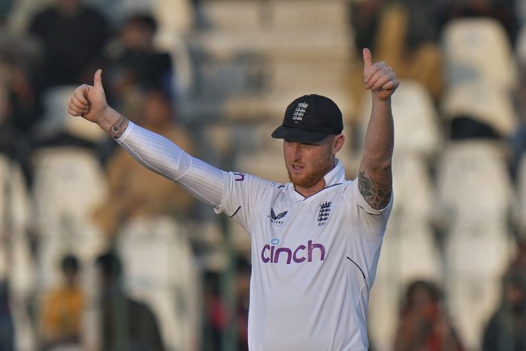 Ben Stokes give a double thumbs-up gesture during the second Test against Pakistan