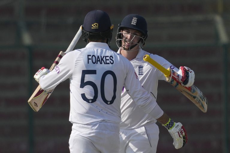 Harry Brook, right, is congratulated by team-mate Ben Foakes 
