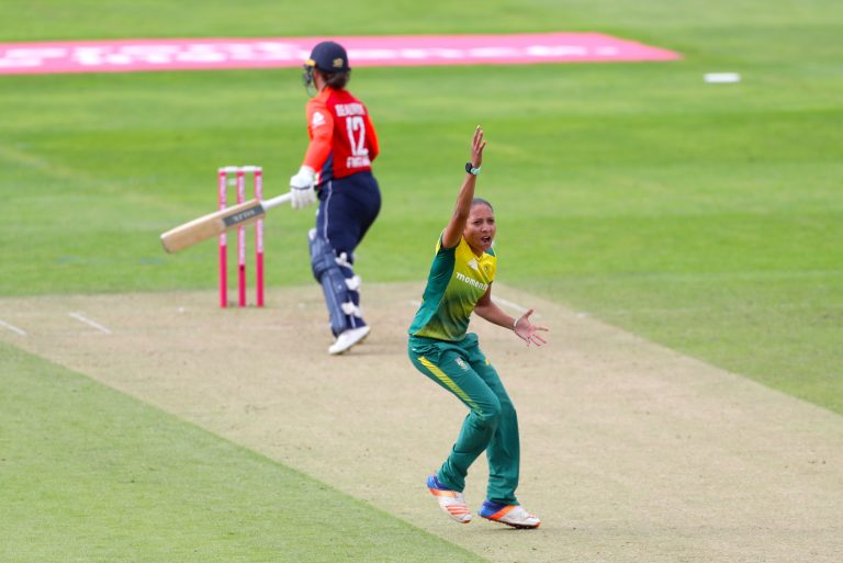 Shabnim Ismail appeals for the wicket of England's Tammy Beaumont