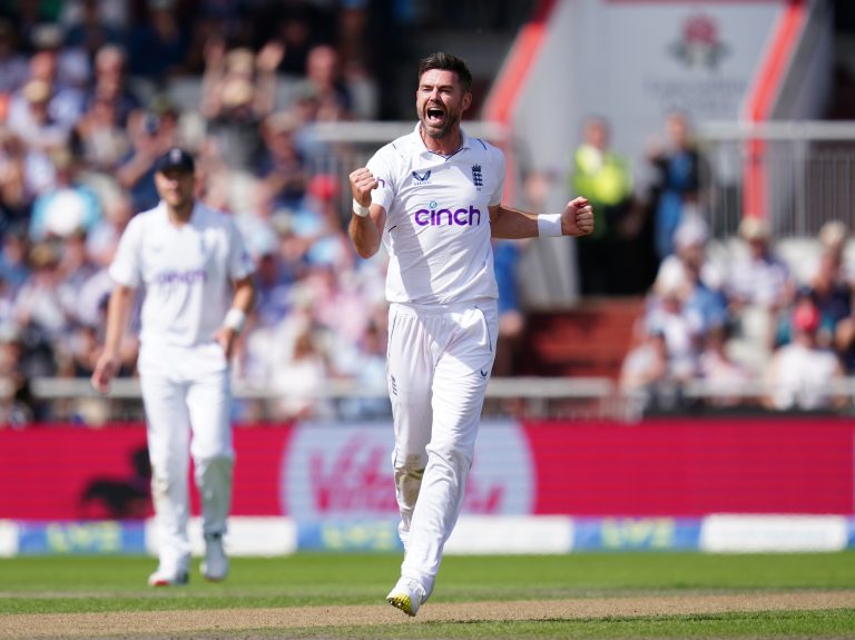 James Anderson celebrates taking the wicket of South Africa's Keshav Maharaj, not pictured, at Old Trafford in 2022