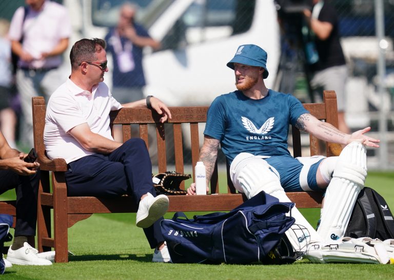 Rob Key, left, and Ben Stokes take a break during a nets session at Edgbaston