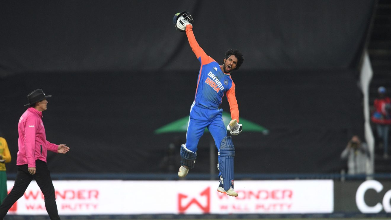 Tilak Varma celebrates a T20I century