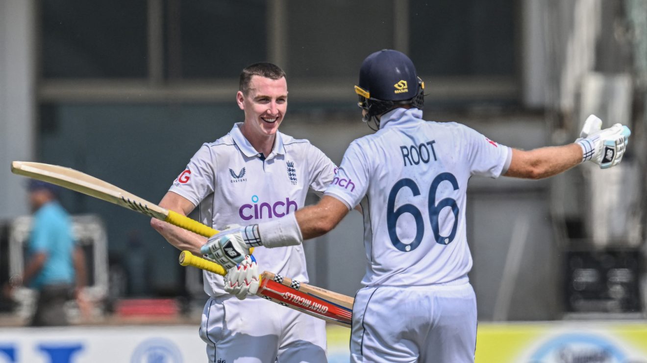 Harry Brook and Joe Root celebrate