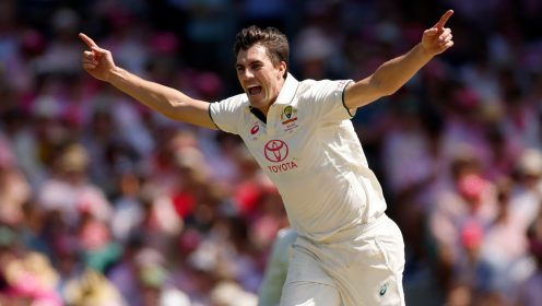 Pat Cummins celebrates for Australia in Test cricket