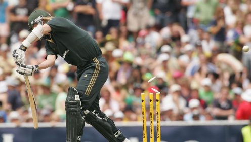 Nathan Bracken is bowled