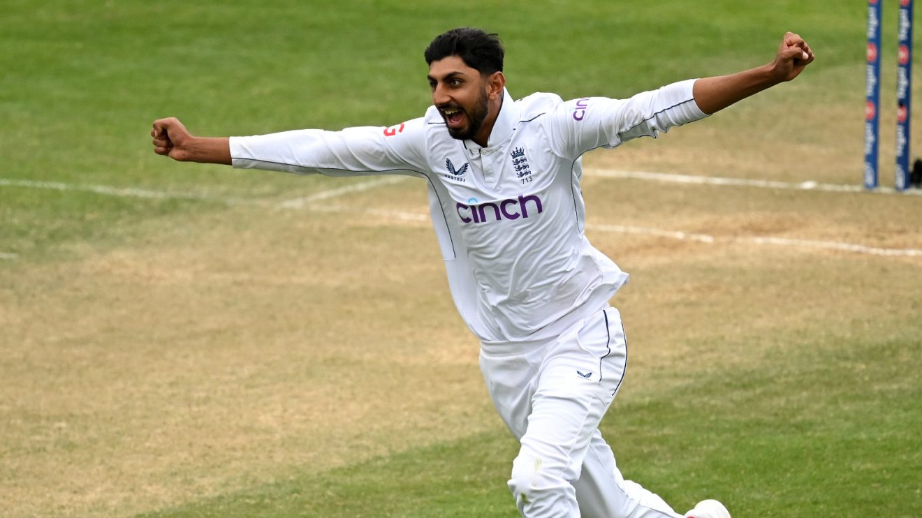 Shoaib Bashir celebrates