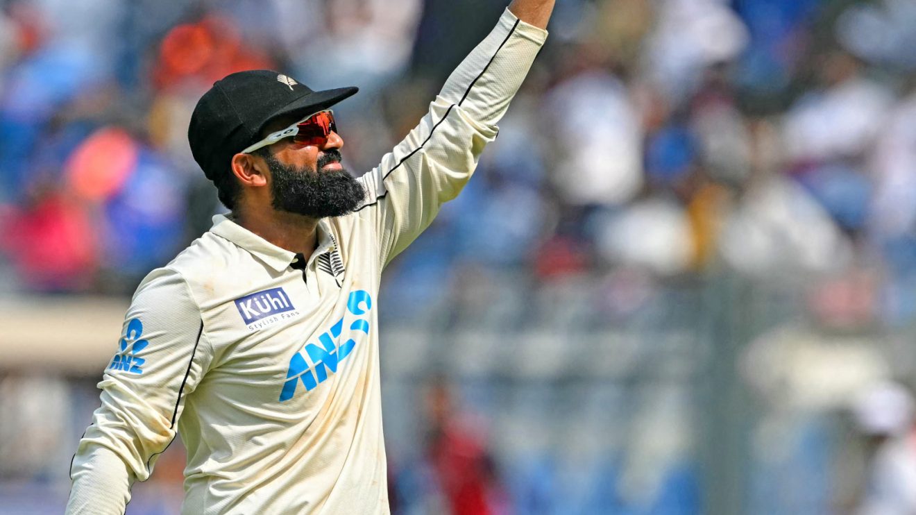 Ajaz Patel celebrates for New Zealand.