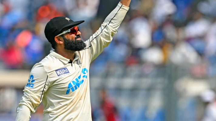 Ajaz Patel celebrates for New Zealand.