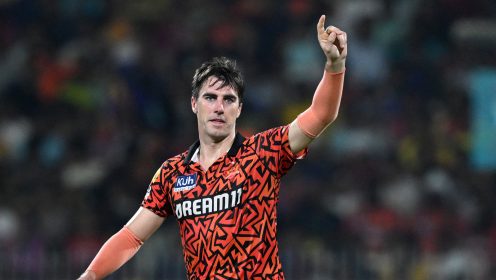 Pat Cummins bowls in the IPL