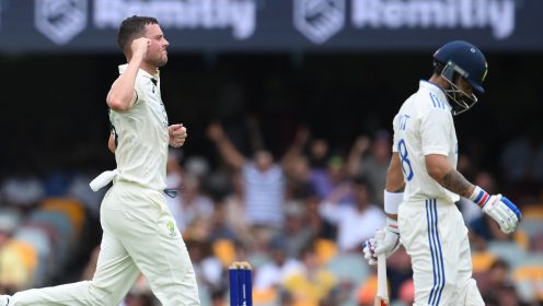 Josh Hazlewood dismisses Virat Kohli.