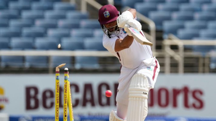 West Indies' Brandon King is bowled by Australia's Mitchell Starc on day three of the third Test cricket match