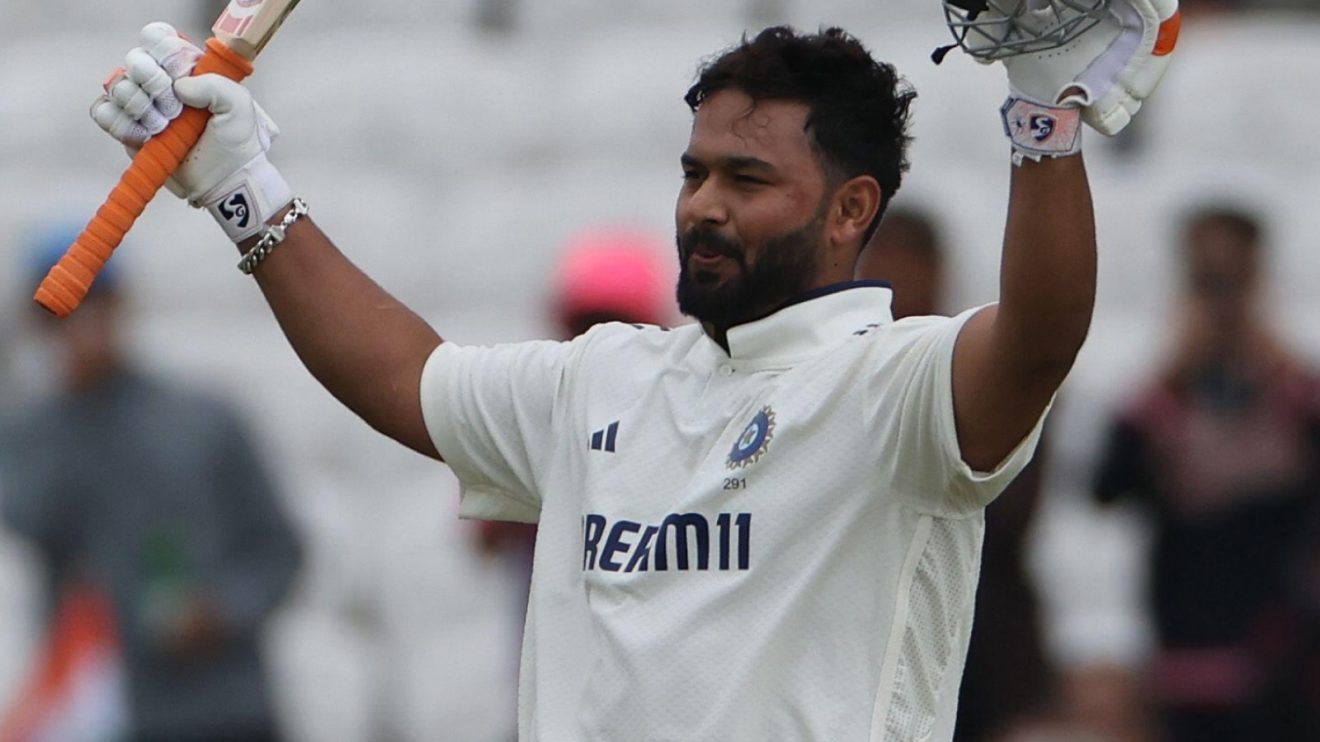 India's Rishabh Pant celebrates his second hundred of the match during day four of the First Rothesay Test match between England and India