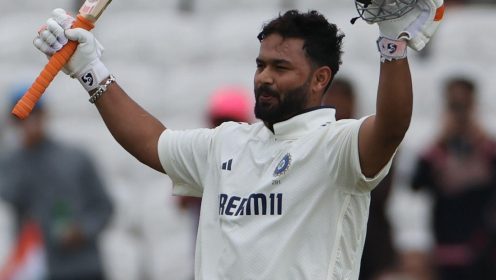 India's Rishabh Pant celebrates his second hundred of the match during day four of the First Rothesay Test match between England and India