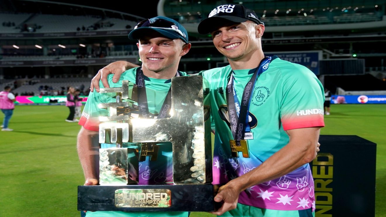 Oval Invincibles Sam Curran and Tom Curran with 2024 Hundred Trophy