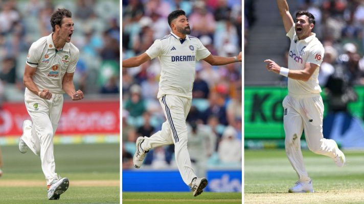 Mitchell Starc, Mohammed Siraj and James Anderson celebrating taking a wicket.