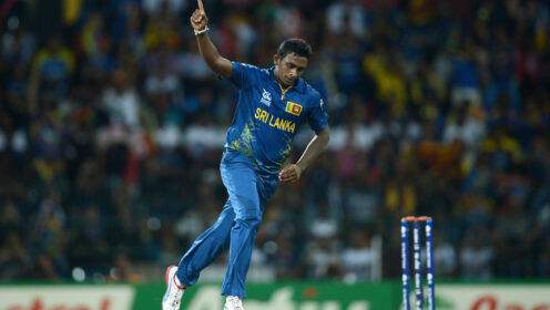 Ajantha Mendis celebrates
